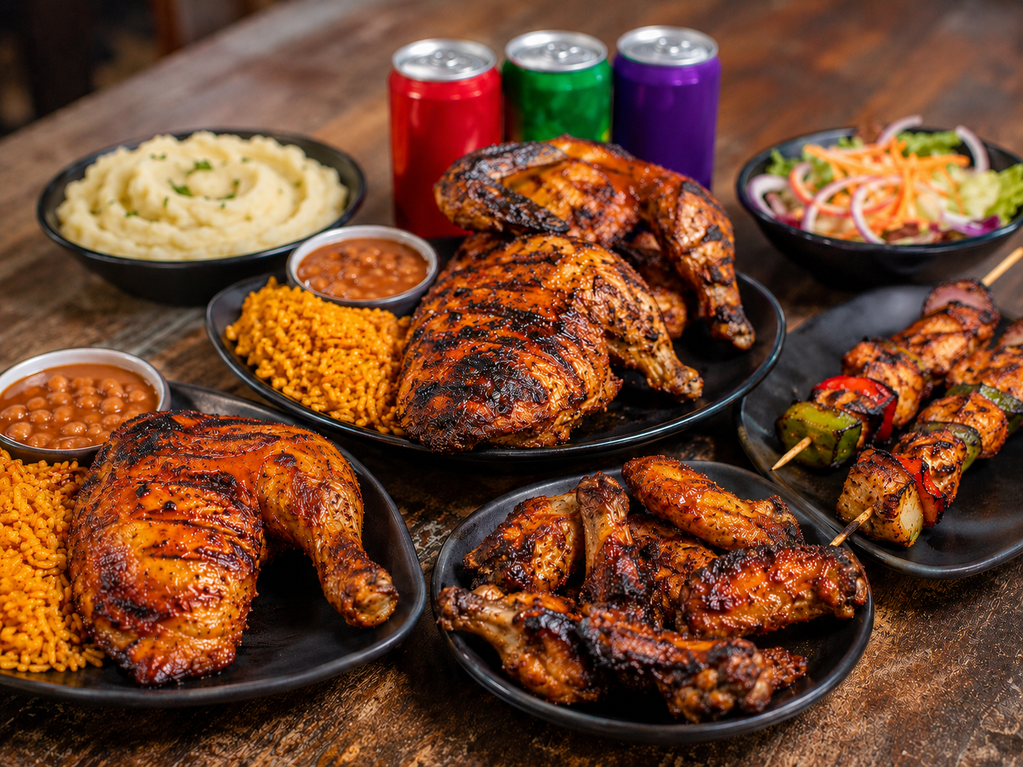 Charcoal-grilled peri-peri chicken combos, wings or skewers includes sides and 1 canned drink
