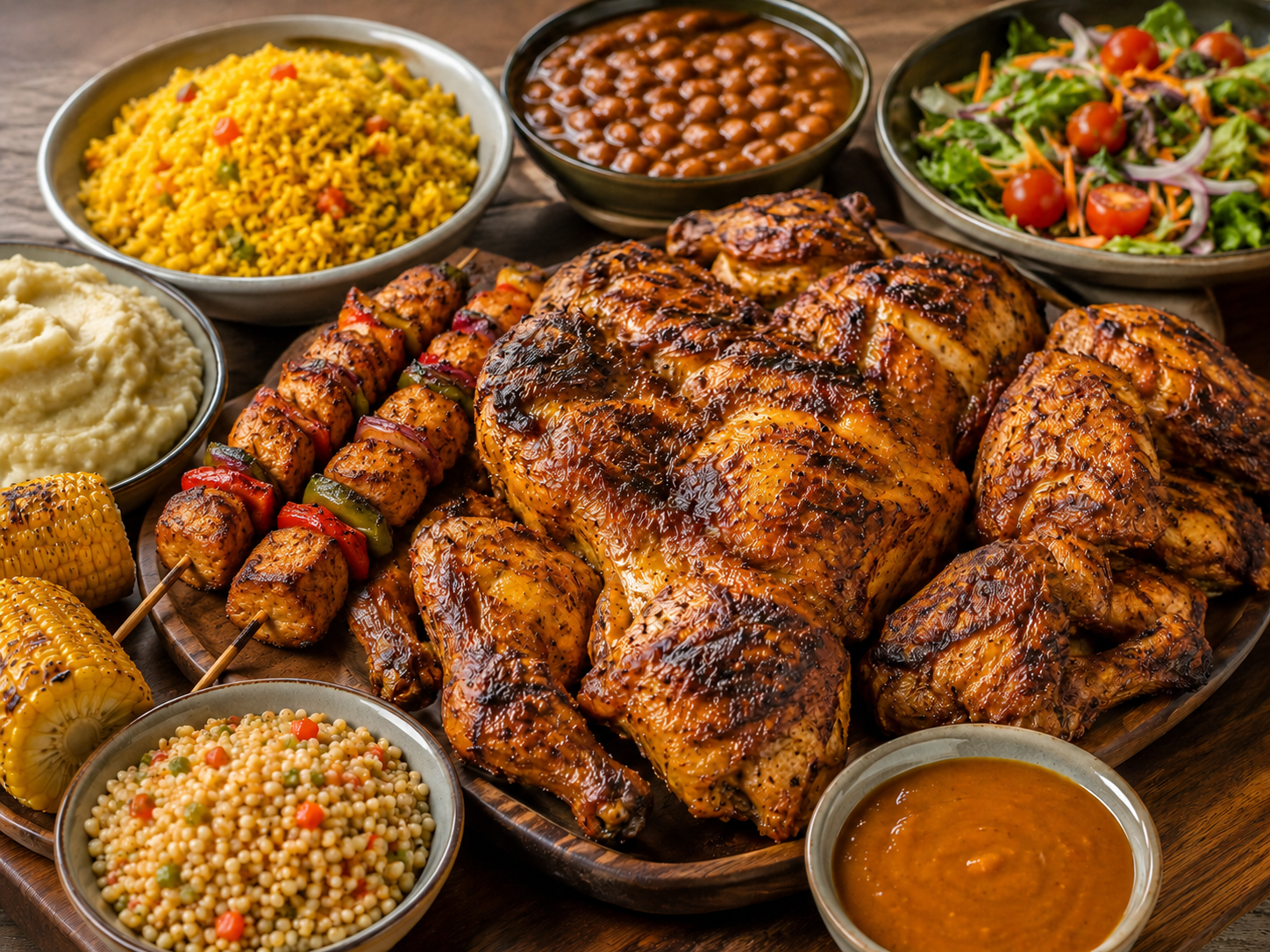 Family platter with charcoal-grilled peri-peri chicken, skewers, rice, beans, salad, corn, and sauce